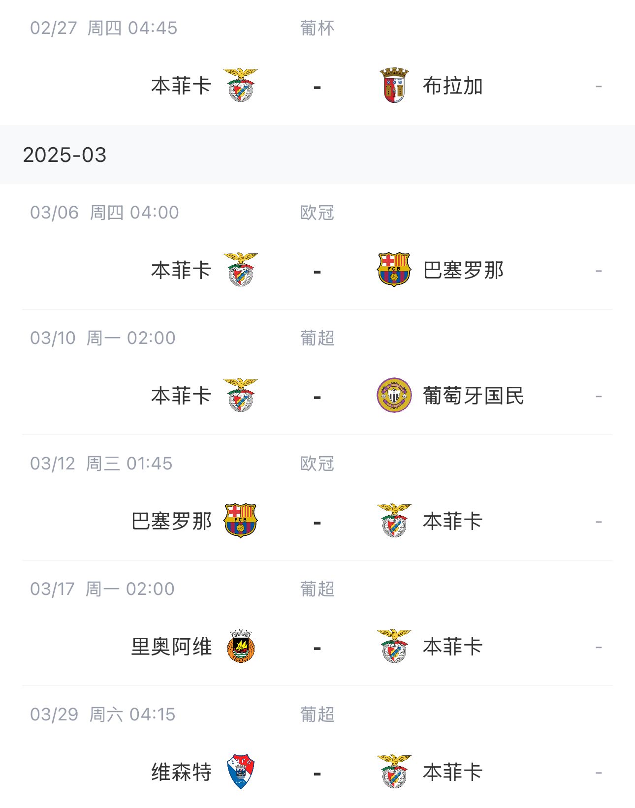  讓路歐冠！本菲卡戰(zhàn)巴薩首回合比賽前的葡超比賽推遲進(jìn)行