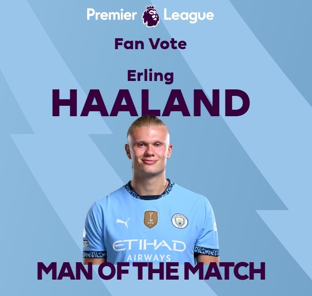  打進致勝球！英超官方：哈蘭德當(dāng)選曼城1-0熱刺全場最佳球員